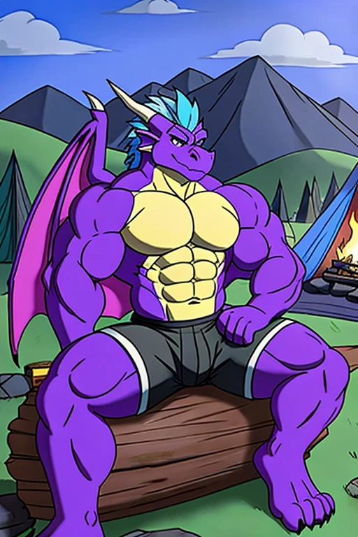 rampage, huge , purple dragon with wings and a very tan chest and has light blue hair on his head)), wearing black shorts and white t-shirt  abs ,anthro ,belly ,big muscles,in the mountain, sitting on a wooden log, bonfire, near tent in the backgroundin the mountain, sitting on a wooden log, bonfire, near tent in the background