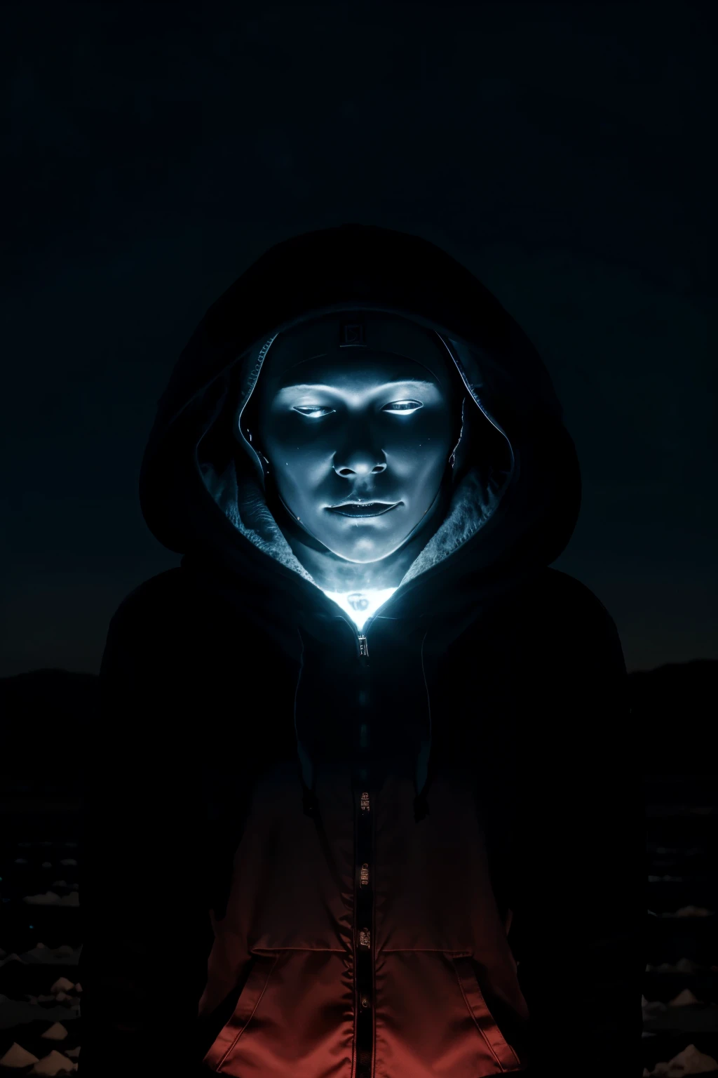 Surreal landscape with a lunar glow, featuring a hooded silhouette with faceless features. The silhouette is enhanced with glowing glyphs and symbols, emphasized by the character's large hood and long claws.