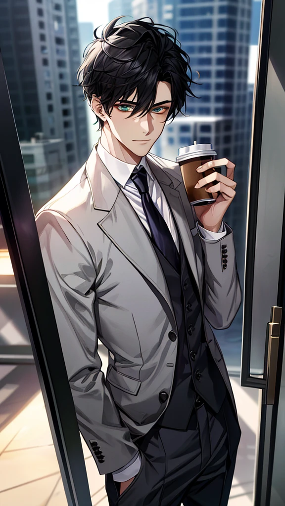 1boy, face focus, adult, business suit, jacket, white shirt, necktie, pants, best quality, hires, detailed face, office, buildings from window, detailed background, diffused sunlight, depth of field, bokeh,1 male, 25 years old British male, height: 198 cm, decisive, graceful, chest tattoo, emerald eyes, black hair, well-fitting suit
Holding a cup of espresso in his hand
