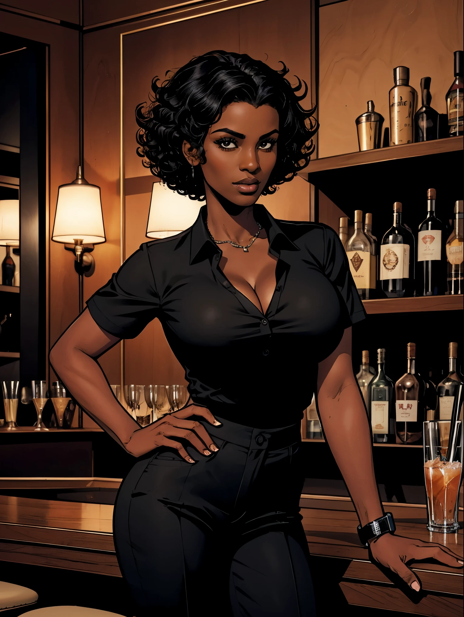 Cardinal, a gorgeous bartender woman with (dark skin, short curly black hair) wearing a black polo, tight slacks. Athletic, huge breasts, wide hips. Short curly black hair, mixing a drink. Confident. At a high-end bar, luxury hotel. cleavage.