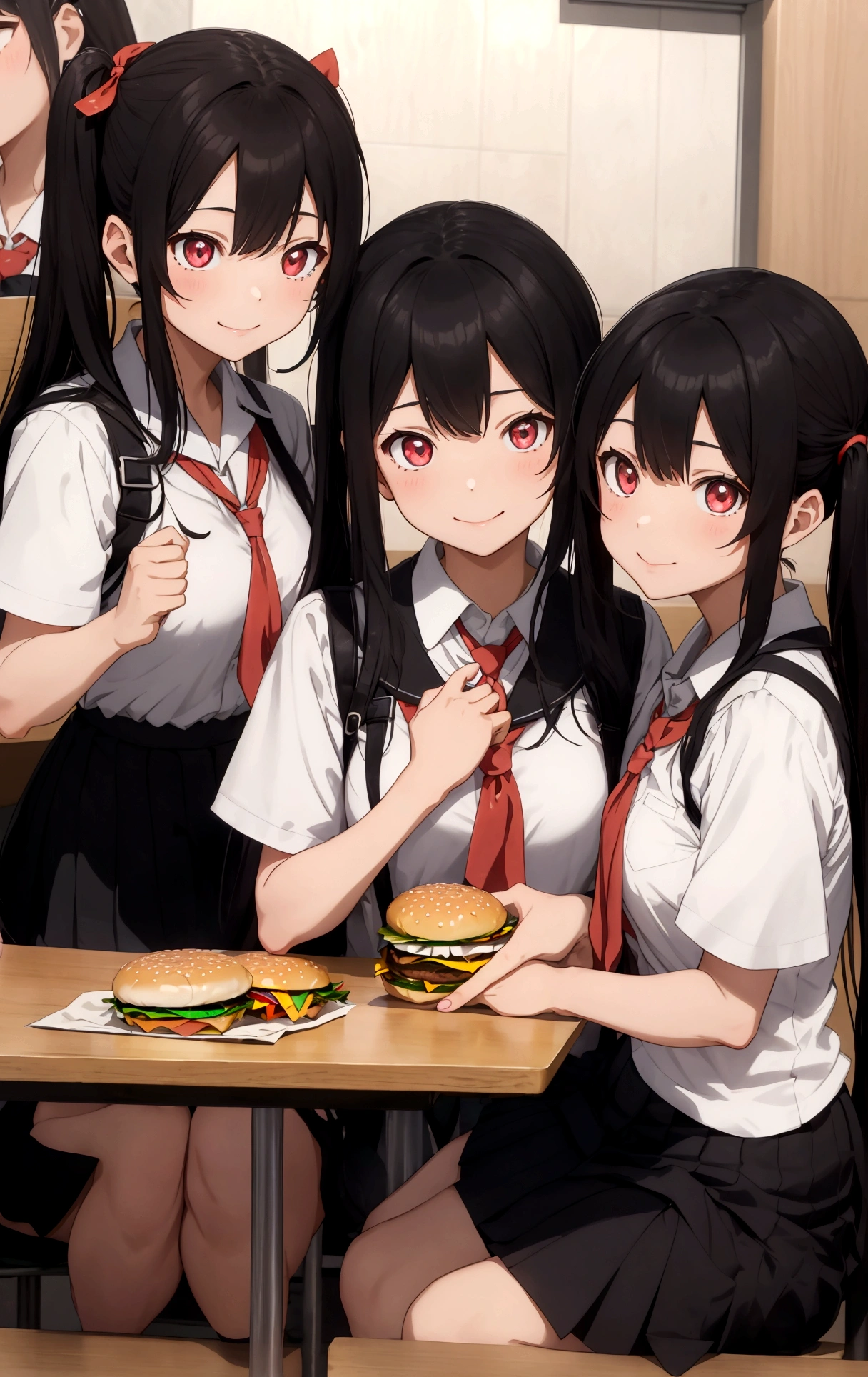 Anime Style. Three schoolgirls are sitting in a burger restaurant. The first student has a twintail hairstyle, her hair is white, she is eating a burger. The student sitting next to her (in the middle) is taking a selfie, her hair is short pink, there is a red ribbon in her hair, her eyes are light blue and she is taking a selfie while smiling broadly. The other student has long black hair, her eyes are red, she is calling the waiter from her seat. The three students wore uniforms with white shirts and red ribbons.