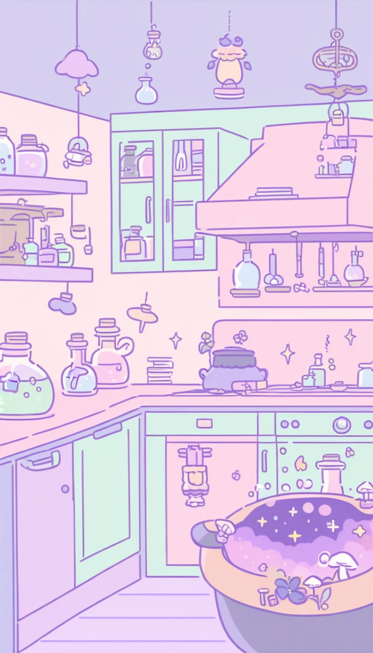cute, witchy, kitchen, with bubbling cauldron, light colors, pastel colors, potions, books, magical mushrooms