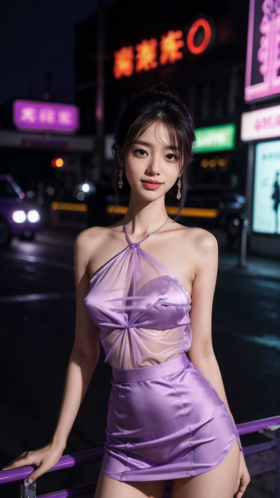 8k, masterpiece, RAW photo, best quality, photorealistic, extremely detailed CG unity 8k wallpaper, Depth of field, Cinematic Light, Lens Flare, Ray tracing, (extremely beautiful face, beautiful lips, beautiful eyes), intricate detail face, ((ultra detailed skin)) 1girl, in the dark, deep shadow, pretty korean girl, kpop idol,(very slim slender fit-muscled body:1.3), ((looking at viewer)),(big smile:1.3), (night, (neon sign), (blurry background), midnight, (without people in the background:1.3), pretty korean girl, white diamond earrings, bracelets, necklace, clear eyes, standing , front shot, Standing in front of purple neon Lights, Beside Purple Lamborghini car, (pale skin), (big eyes), full body shot, ((see through purple blouse)), (hot satin purple color blouse)), ((purple silky satin laced skirt)), (looking at viewer:1.3), very slim, breast, super round big breasts under the dress, Hermes purple bag, Above knee length purple skirt, updo hair, short hair, front face shot, ((Face Shot)), ((4 Different poses)), ((sexy angles)), medium butts, Purple vehicles, purple bike's, purple buses, purple walls, purple shop bords, purple advertising boards,