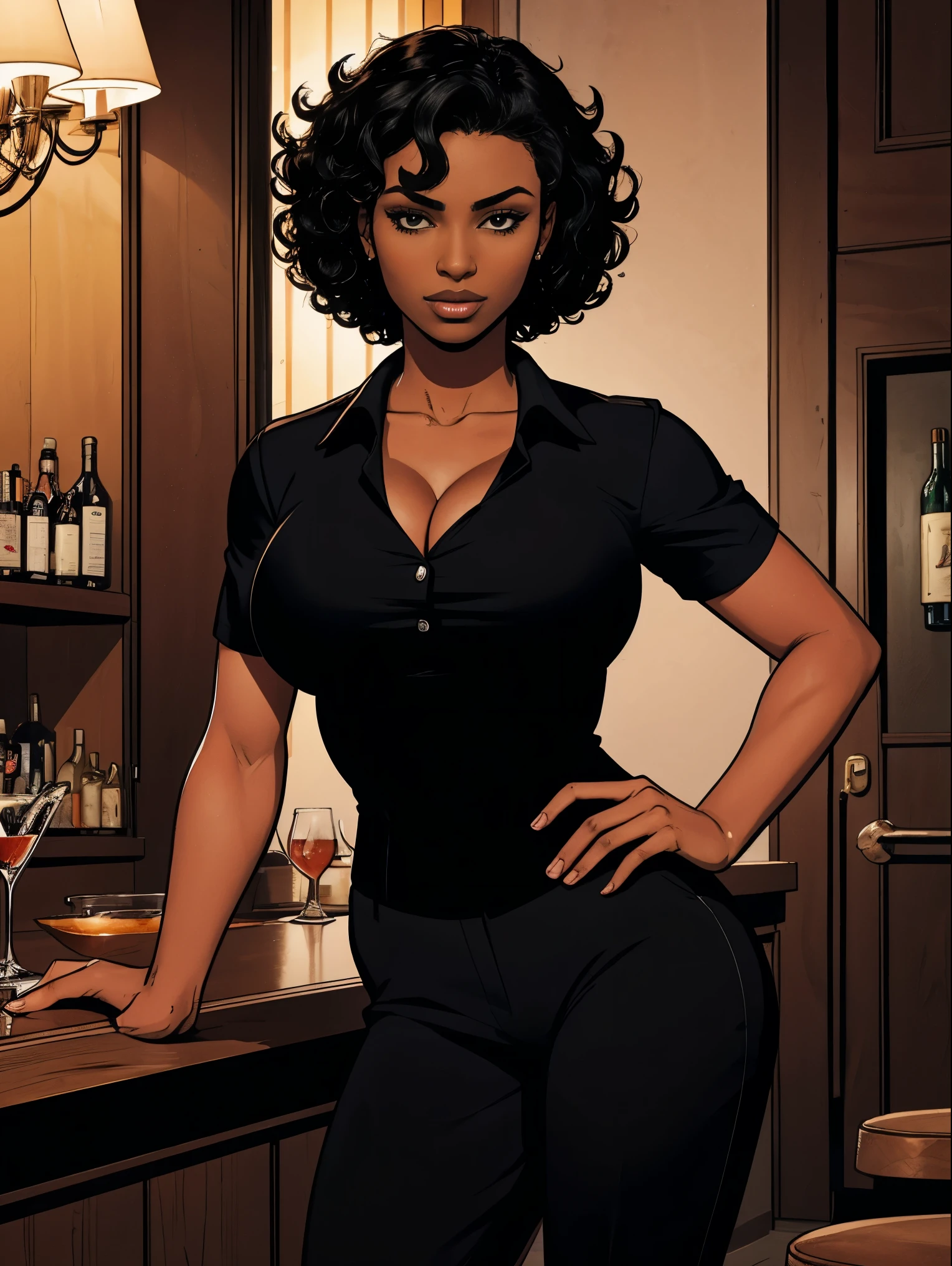Cardinal, a gorgeous bartender woman with (dark skin, short curly black hair) wearing a black polo, tight slacks. Athletic, huge breasts, wide hips. Short curly black hair, mixing a drink. Confident. At a high-end bar, luxury hotel. cleavage.
