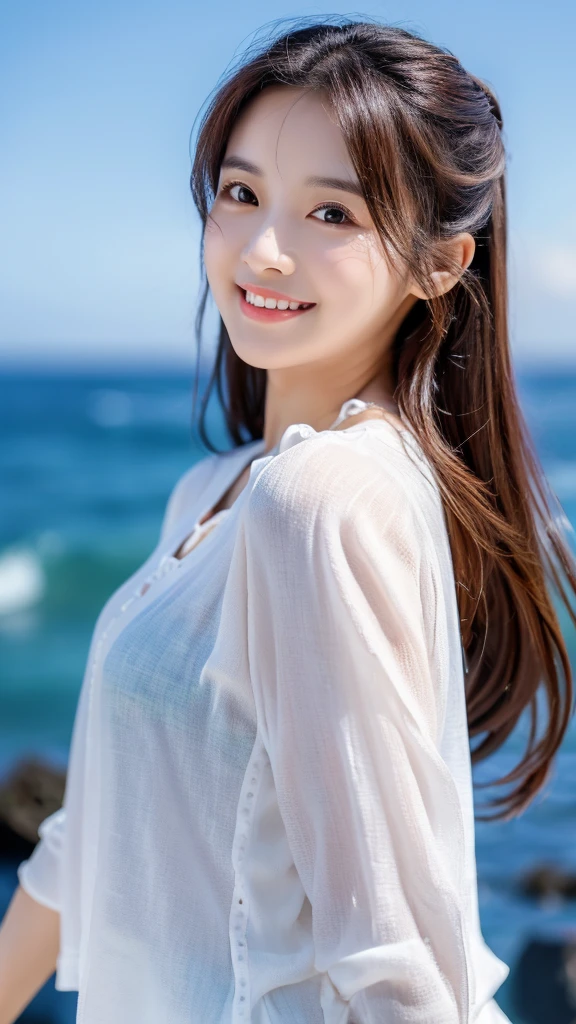 Tabletop、(Highest quality、4K、8K、High resolution、Masterpiece: 1.2)、Super detailed、(Real、Photorealistic、Photorealistic: 1.37)、Full Body Shot、Complex and beautiful eyes、woman、long hair、Natural color lip、whiteＴshirt、Bold and sexy pose、smile、Ocean、20 year old girl、A cute and sexy shot looking straight at the camera。