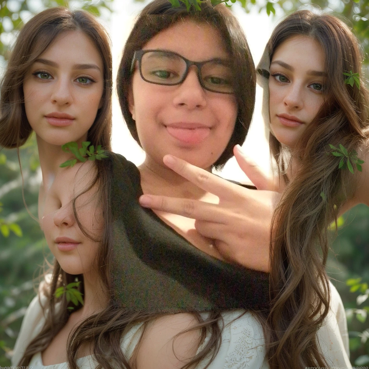 a woman with long brown hair, beautiful detailed eyes, beautiful detailed lips, extremely detailed face, longeyelashes, wearing a white dress, standing in a lush green garden, sunlight streaming through the trees, golden hour lighting, serene and peaceful atmosphere, intricate flower patterns, (best quality,4k,8k,highres,masterpiece:1.2),ultra-detailed,(realistic,photorealistic,photo-realistic:1.37),portrait,landscape,warm color tones