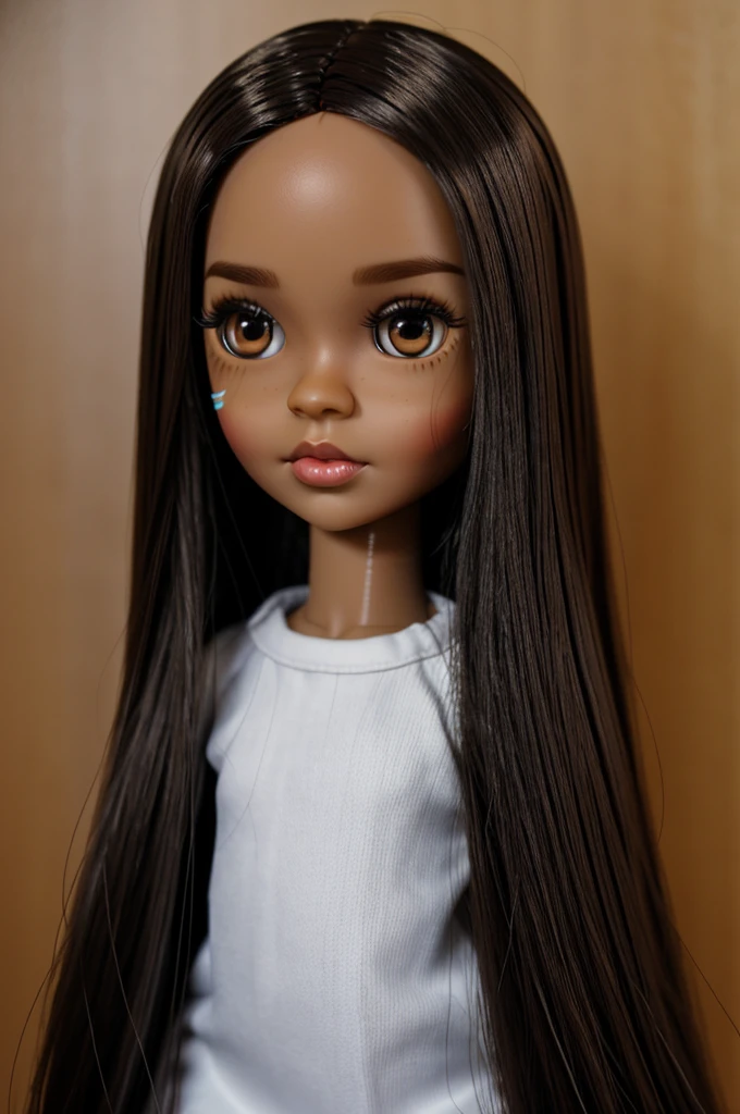 brown skin blythe doll, black eyes long straight hair, small mouth and eyeliner