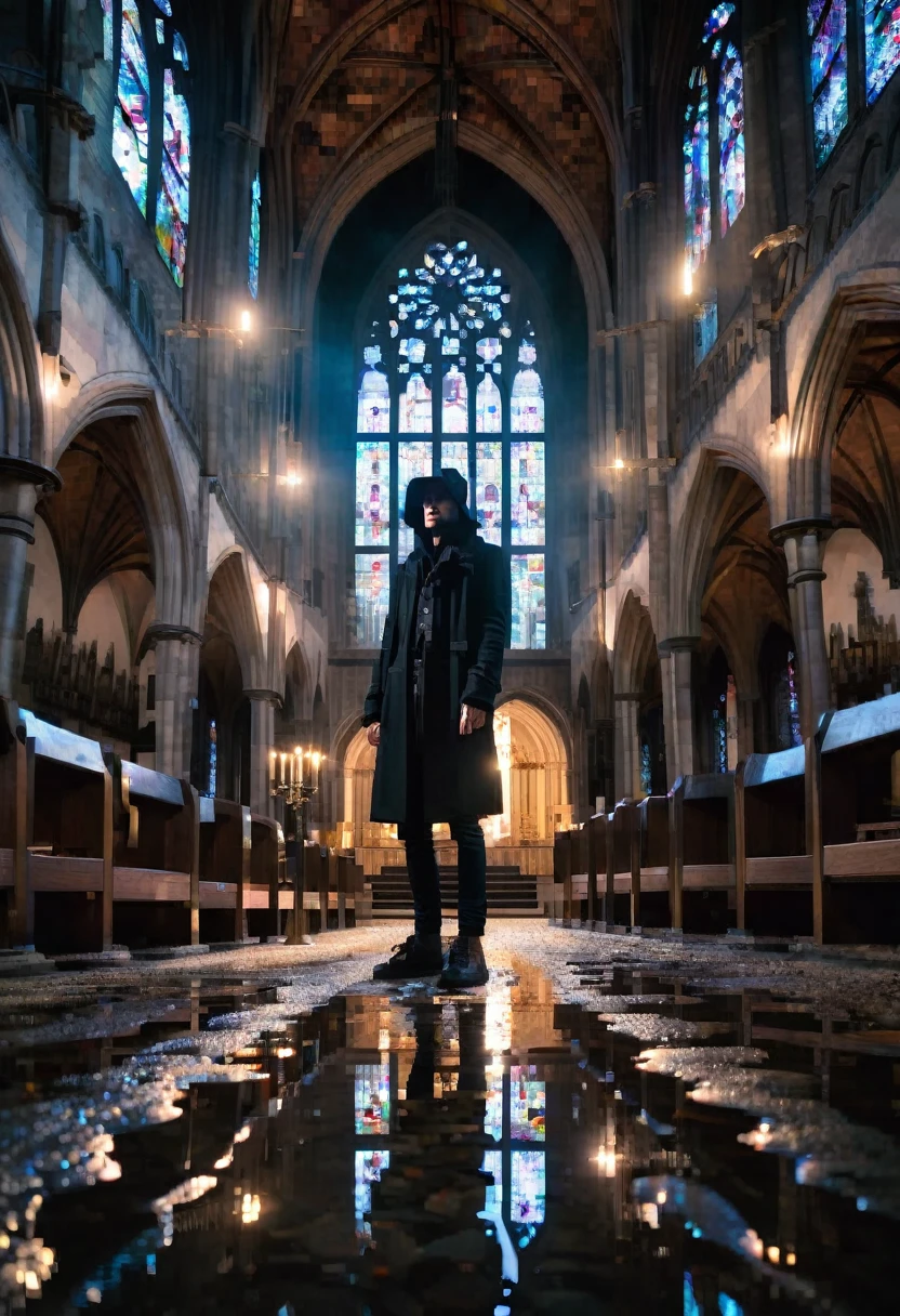 fisheye lens, streetwear man standing inside a gothic church, wet stone, puddles, infinite vaults, bloodborne, dramatic light, low key, candle light