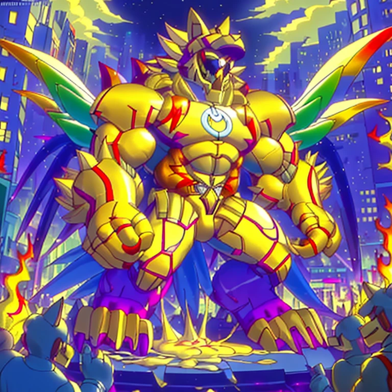 (masterpiece. official art. 8k. best quality. detailed full body. full body.)

(situation 1 : dominating The Phoenix Wolf. The Phoenix Wolf is over 1000 meters long. focus GIANT mechanical Muscular The Phoenix Wolf is trampling the car. Looking down.)

(situation 2 :smoke and flames rising from the destruction in the city)

(Additional details 1: Wearing golden Armor. Cape. Helmet. real texture material. whole body shines like metal. emphasizes the muscles. suit fully made of metal.Robotic suit).

(Additional details 1.5: The arms are golden. The lower half of the body is golden. The wolf-shaped helmet has sharp fangs. The whole body is golden. The chest area is also golden. There is a ring above the head.).

(Additional details 2: Detailed head. Detailed Body. Detailed abs. gigantic muscles. HYPER MUSCLES. Gigachad Muscular. big muscle. pecs. triceps. traps. unusually developed muscular body. body full of huge muscles. showing off muscles. pectorales enormes. Exaggeratedly huge muscles. huge muscles. long legs.).

(Additional details 3: Spread wings. It has wings. The claws are sharp. Sharp teeth.). He is laughing defiantly. The claws are sharp. Sharp teeth.). 

(Additional details 3.5 : nj5furry,  He is laughing defiantly. medieval armor.). 

(Additional details 4: golden dick, golden cock, golden hyper penis. hyper golden penis. big penis)

(Additional details 6 : Spraying hyper cum up everywhere into the sky from his erect penis. wide spray of cum, covered in cum, cum splashing in front of camera, crowd of naked muscular male spectators, bukkake, City is under a thick later of cum.)