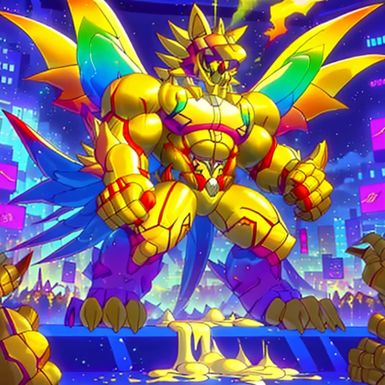(masterpiece. official art. 8k. best quality. detailed full body. full body.)
(situation 1 : dominating The Phoenix Wolf. The Phoenix Wolf is over 1000 meters long. focus GIANT mechanical Muscular The Phoenix Wolf is trampling the car. Looking down.)
(situation 2 :smoke and flames rising from the destruction in the city)
(Additional details 1: Wearing golden Armor. Cape. Helmet. real texture material. whole body shines like metal. emphasizes the muscles. suit fully made of metal.Robotic suit).
(Additional details 1.5: The arms are golden. The lower half of the body is golden. The wolf-shaped helmet has sharp fangs. The whole body is golden. The chest area is also golden. There is a ring above the head.).
(Additional details 2: Detailed head. Detailed Body. Detailed abs. gigantic muscles. HYPER MUSCLES. Gigachad Muscular. big muscle. pecs. triceps. traps. unusually developed muscular body. body full of huge muscles. showing off muscles. pectorales enormes. Exaggeratedly huge muscles. huge muscles. long legs.).
(Additional details 3: Spread wings. It has wings. The claws are sharp. Sharp teeth.). He is laughing defiantly. The claws are sharp. Sharp teeth.).
(Additional details 3.5 : nj5furry, He is laughing defiantly. medieval armor.).
(Additional details 4: golden dick, golden cock, golden hyper penis. hyper golden penis. big penis)
(Additional details 6 : Spraying hyper cum up everywhere into the sky from his erect penis. wide spray of cum, covered in cum, cum splashing in front of camera, crowd of naked muscular male spectators, bukkake, City is under a thick later of cum.)
