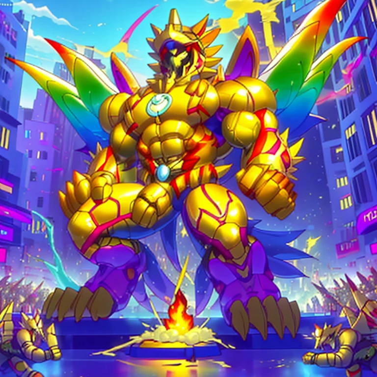 (masterpiece. official art. 8k. best quality. detailed full body. full body.)

(situation 1 : dominating The Phoenix Wolf. The Phoenix Wolf is over 1000 meters long. focus GIANT mechanical Muscular The Phoenix Wolf is trampling the car. Looking down.)

(situation 2 :smoke and flames rising from the destruction in the city)

(Additional details 1: Wearing golden Armor. Cape. Helmet. real texture material. whole body shines like metal. emphasizes the muscles. suit fully made of metal.Robotic suit).

(Additional details 1.5: The arms are golden. The lower half of the body is golden. The wolf-shaped helmet has sharp fangs. The whole body is golden. The chest area is also golden. There is a ring above the head.).

(Additional details 2: Detailed head. Detailed Body. Detailed abs. gigantic muscles. HYPER MUSCLES. Gigachad Muscular. big muscle. pecs. triceps. traps. unusually developed muscular body. body full of huge muscles. showing off muscles. pectorales enormes. Exaggeratedly huge muscles. huge muscles. long legs.).

(Additional details 3: Spread wings. It has wings. The claws are sharp. Sharp teeth.). He is laughing defiantly. The claws are sharp. Sharp teeth.). 

(Additional details 3.5 : nj5furry,  He is laughing defiantly. medieval armor.). 

(Additional details 4: golden dick, golden cock, golden hyper penis. hyper golden penis. big penis)

(Additional details 6 : Spraying hyper cum up everywhere into the sky from his erect penis. wide spray of cum, covered in cum, cum splashing in front of camera, crowd of naked muscular male spectators, bukkake, City is under a thick later of cum.)