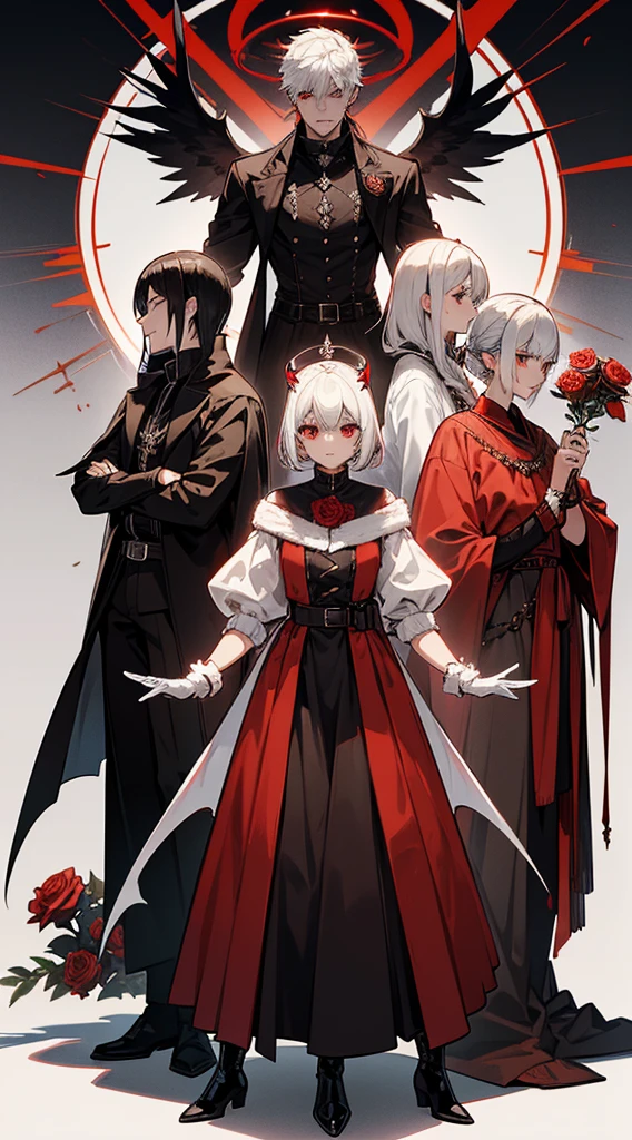 character sheet, character design, multiple angles, full body, book cover, artistic image, five characters, one male demonic angel character, Handsome man, white hair, very short hair, ((crew cut: 1)) , red eyes, fair skin, ((muscular: 1)), male, 28 years old, muscular, in good shape, muscular. golden details, brown leather shawl, baggy gray pants, black and brown belts, black boots, brown gloves, many belts, red halo, halo behind the head, horns on the head, chaos angel transformation, black feathers, white feathers, light elemental power, shadow elemental power, a chaos seraph, several skeleton hands, death power, life power. ((four female characters, four women with white hair, a woman with flames, queen of summer. a vampire woman with ice, queen of winter. a woman with monstrous roses, queen of spring. a woman with beetles, queen of the plague. ))