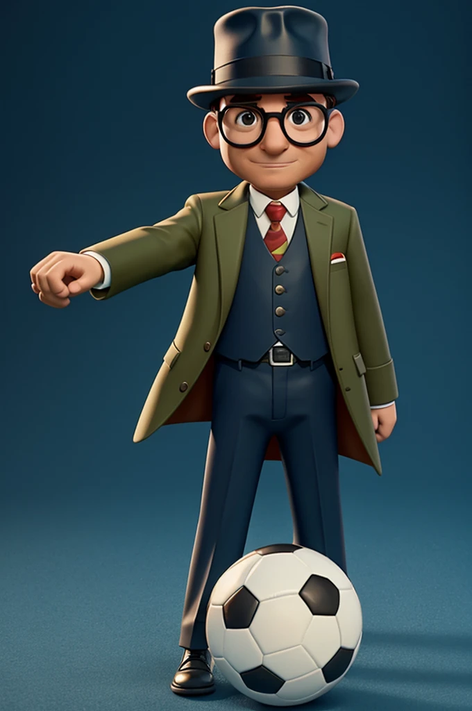 A detective with a hat and glasses, holding a soccer ball in pixar format