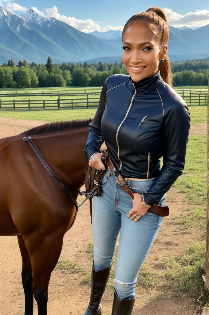 Jennifer Lopez is beautiful, smiling happily, wearing sexy riding clothes, riding a horse, a farm, mountains in the distance