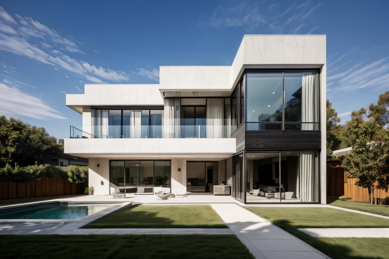 ((mejor calidad)), ((Obra maestra)), (detallado), a photograph of a modern two-story house with a flat roof, featuring large glass windows and a stone facade. The house has a sleek design with clean lines and a contemporary architectural style, in a strret outside newyork, fran slivestre architect.