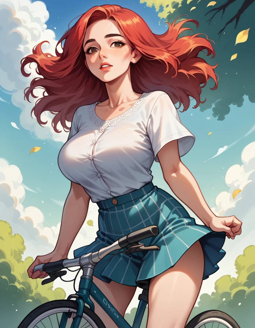 best quality, super fine, 16k, incredibly absurdres, extremely detailed, 2.5D, delicate and dynamic, a beautiful woman of 40 years, mature woman, red hair, brown eyes, downturned eye shape, black eyebrows, strong eyebrows. High cheekbones, strong chin. Freckles. Large breasts. Wearing a white blouse, tweed skirt. Riding a bicycle across beautiful English countryside.