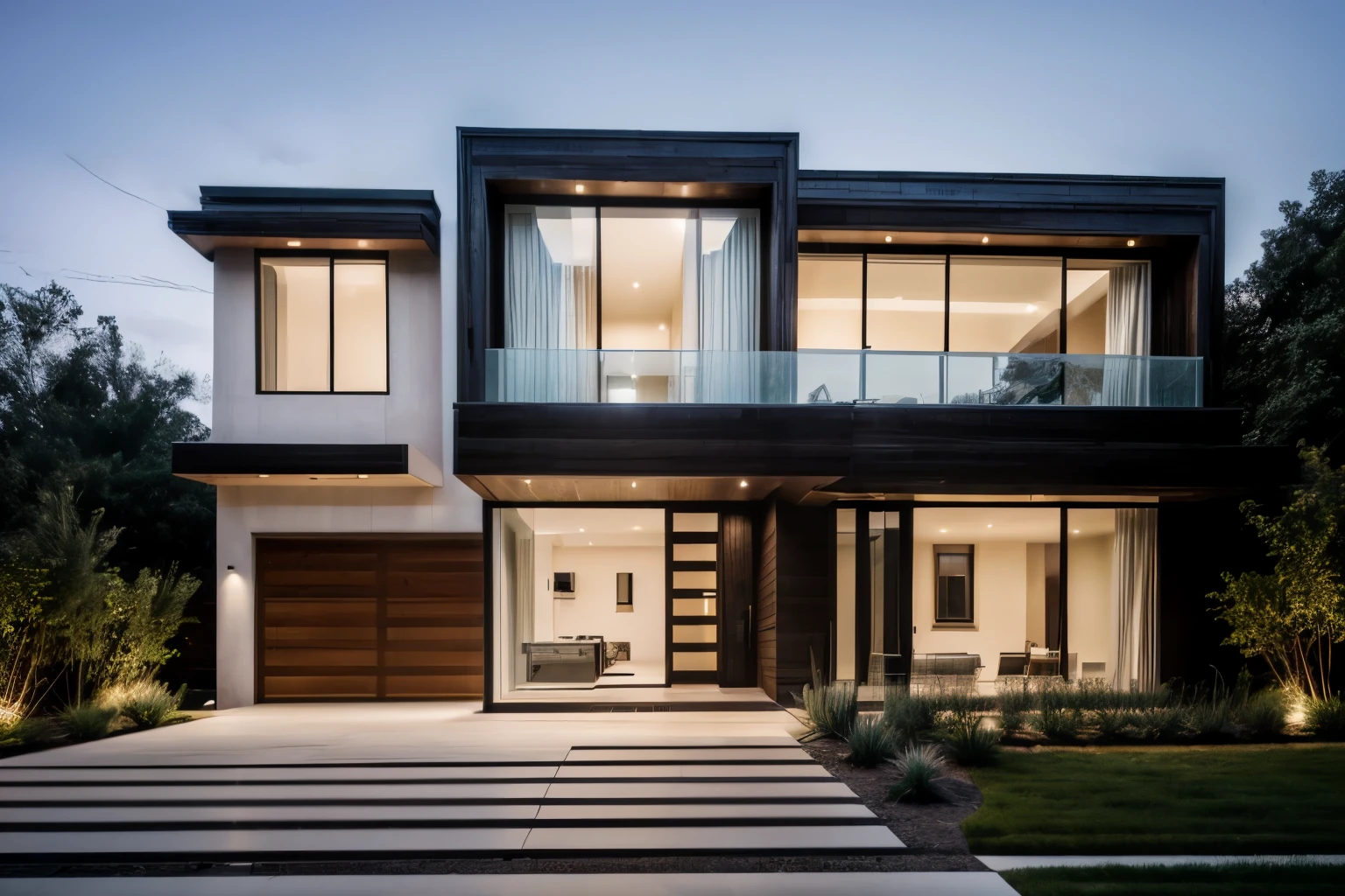 ((mejor calidad)), ((Obra maestra)), (detallado), a photograph of a modern two-story house with a flat roof, featuring large glass windows and a stone facade. The house has a sleek design with clean lines and a contemporary architectural style, in a strret outside newyork, fran slivestre architect.
