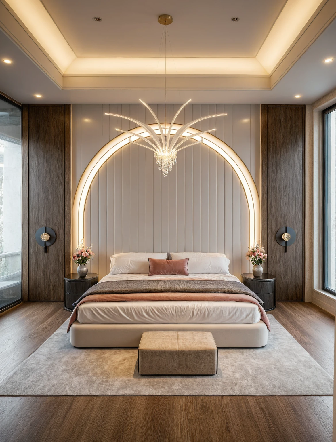 Raw photo,Masterpiece, high quality, best quality, authentic, super detail, interior, ((girl's bedroom)), ( style modern luxury), sunset, day light, bed, carpet, curves, bedside cabinets, wood floor ,wardrobe, led, flower vase, butterfly chandelier , windows, downlight, 