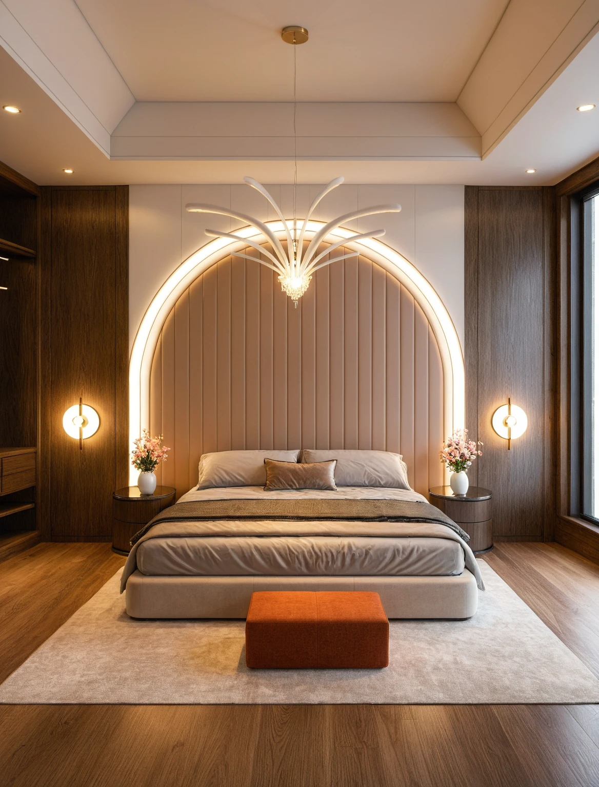 Raw photo,Masterpiece, high quality, best quality, authentic, super detail, interior, ((girl's bedroom)), ( style modern luxury), sunset, day light, bed, carpet, curves, bedside cabinets, wood floor ,wardrobe, led, flower vase, butterfly chandelier , windows, downlight,