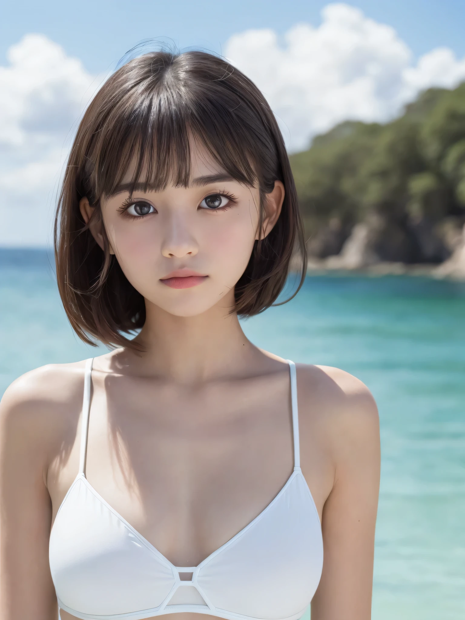 One Girl,(1人のとてもcute女の子:1.3),masterpiece,Highest quality,High resolution,Photorealistic,RAW Photos,Ray Tracing,beautiful girl,(s old:1.3),cute,Big eyes,(detailed pupils:1.2),(The face is facing straight ahead:1.3),Body facing forward,Beautiful nose,Fuller lips,Short black hair,ponytail,short hair,Detailed eyelashes,Thin eyebrows,Very fine grain definition,(Symmetrical eyes:1.3),(Face close-up,Face Focus:1.0),Small breasts,Short neck,White swimsuit,White Bikini,The background is the sea,Southern Island,Blue sky,White cloud,Portrait,View Viewer,Upper Body,Cinema Lighting,High resolution,Very detailed