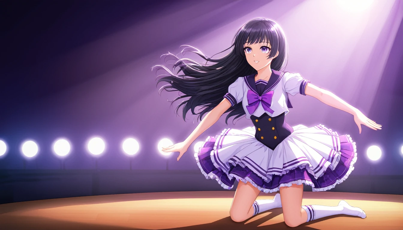 Idol Stage, Idol Dress, beautiful, Very detailed, masterpiece, Highest quality, Tyndall effect, light, Stage lighting, Long black hair high school girl、Purple eyes、Sailor suit, Knee socks, on stage, look up, Light Scattering, Volumetric lighting, Spotlight, light, atmosphere, Octane Rendering, 8K