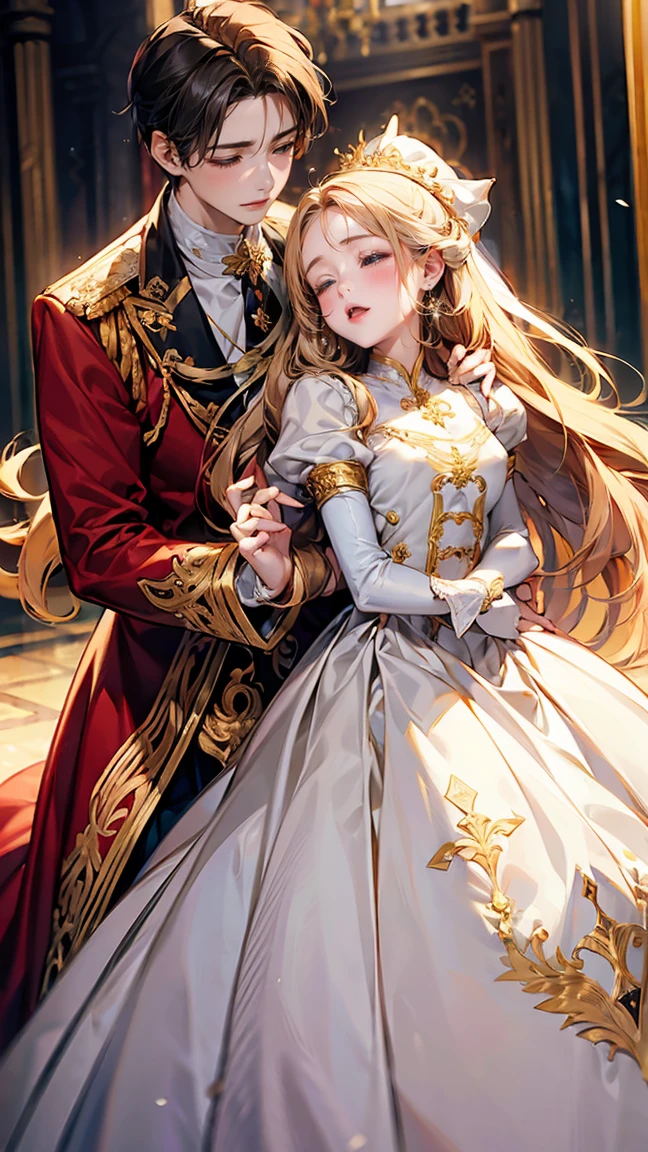 In front of the majestic church altar、(Blurred Background)、Bright light、golden long hair girl、classic white wedding dress、(Elegant luster)、(Lots of races)、Lots of ribbons、((Voluminous puff sleeves))、Long cuffs with lots of buttons、Gold embroidery、Long train、White embroidered gloves、Five Fingers、(Sexual climax), Redness on the cheeks, ((1 boy, A boy is grabbing a girl's breasts from behind:1.8)), (Raise the hand:1.4)