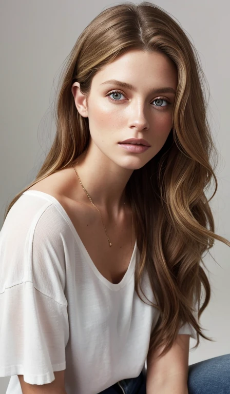 a woman with long hair and a  white shirts and jeans, posing for a picture, Portrait of Sophie Mudd, Brunette with dyed blonde hair, Jodi Bateman, Sydney Sweeney, Daniela Uurig, No makeup, wavy hair, nodded, Ellie Victoria Gale, Bernardini&#39;s Olivia, Sidney Hanson, Very beautiful face, Profile photo, Miranda Kerr, Gorgeous and attractive face