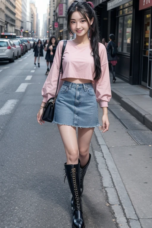 Kizi, Asian, 18-years old, Grinning, long black hair tied into two high ponytails, pink cropped shirt tied at the front, denim skirt, high leather boots, walking in the middle of the city.