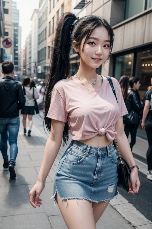 Kizi, Asian, 18-years old, Grinning, long black hair tied into two high ponytails, pink cropped shirt tied at the front, denim skirt, high leather boots, walking in the middle of the city.
