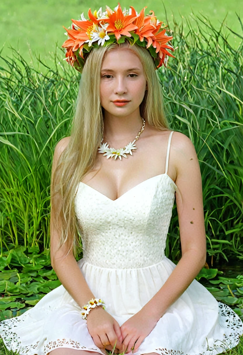 1girl, berry, blonde hair, bouquet, bracelet, coral, daisy, dandelion, dress, flower, grass, head wreath, holding flower, jewelry, leaf, lily (flower), lily pad, lips, long hair, lotus, nature, necklace, orange flower, plant, potted plant, realistic, sitting, solo, spider lily, sunflower, white flower, wreath, yellow flower