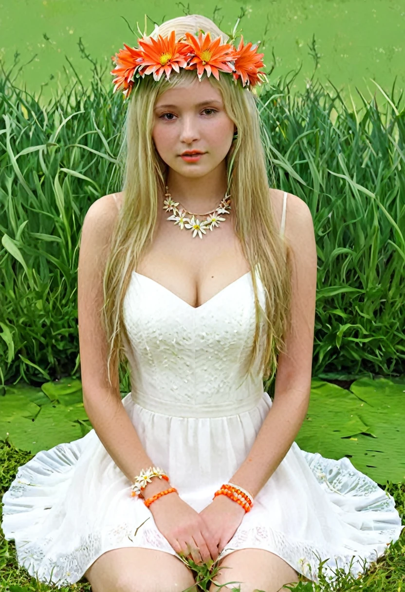 1girl, berry, blonde hair, bouquet, bracelet, coral, daisy, dandelion, dress, flower, grass, head wreath, holding flower, jewelry, leaf, lily (flower), lily pad, lips, long hair, lotus, nature, necklace, orange flower, plant, potted plant, realistic, sitting, solo, spider lily, sunflower, white flower, wreath, yellow flower