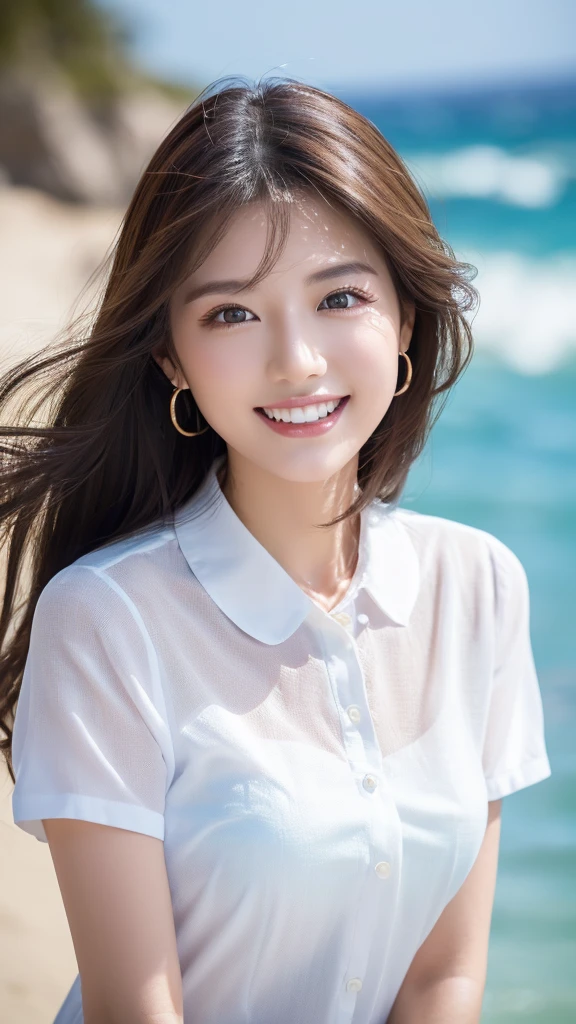 ((Highest quality、Tabletop、8K、Best image quality、Extremely intricate and detailed))、(1 person photo:1.1)、(Look at me with your best smile:1.1)、(Beautiful beaches:1.1)、(White polyester high short sleeve collar shirt:1.1)、(The perfect short sleeve collared shirt:1.1)、Accentuate your body lines、The most natural and perfect sea background、The clearest and most beautiful sea、(Very large breasts:1.1)、(Face close-up:1.2)、Glamorous Body、Hair swaying in the wind、Sandy Beach、Beautiful sea、The clearest and most shining sea、Complex sea glow、The most detailed and realistic ocean、The details of the beautiful sea are depicted.、(Very brightly lit face:1.2)、Ultra-high definition beauty face、(Ultra high resolution perfect beautiful teeth:1.1)、Ultra HD Hair、Ultra-high definition sparkling eyes、(Pure white skin shining in ultra-high resolution:1.2)、Ultra-high quality glossy lips、The cutest gravure pose、(Very bright and vivid:1.2)、(Very bright:1.2)、(Very refreshing:1.1)、(Glowing white beautiful skin:1.2)、(Very strong exposure:1.2)、(Pure white skin that shines Very brightly:1.2)、(Very strong highlights:1.2)、(Very bright and glowing skin:1.2)、Blurred Background,Big Breasts