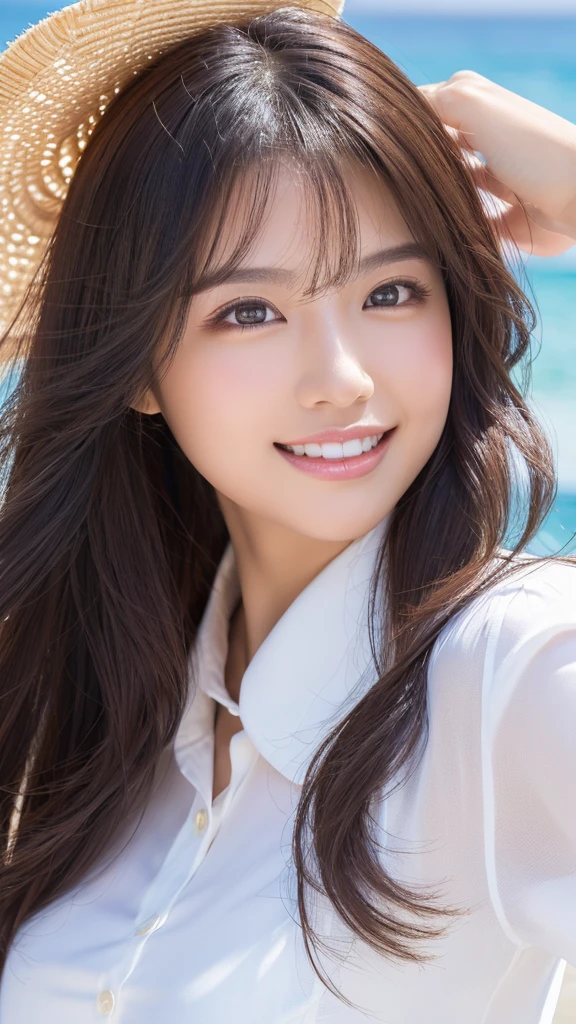 ((Highest quality、Tabletop、8K、Best image quality、Extremely intricate and detailed))、(1 person photo:1.1)、(Look at me with your best smile:1.1)、(Beautiful beaches:1.1)、(White polyester high short sleeve collar shirt:1.1)、(The perfect short sleeve collared shirt:1.1)、Accentuate your body lines、The most natural and perfect sea background、The clearest and most beautiful sea、(Very large breasts:1.1)、(Face close-up:1.2)、Glamorous Body、Hair swaying in the wind、Sandy Beach、Beautiful sea、The clearest and most shining sea、Complex sea glow、The most detailed and realistic ocean、The details of the beautiful sea are depicted.、(Very brightly lit face:1.2)、Ultra-high definition beauty face、(Ultra high resolution perfect beautiful teeth:1.1)、Ultra HD Hair、Ultra-high definition sparkling eyes、(Pure white skin shining in ultra-high resolution:1.2)、Ultra-high quality glossy lips、The cutest gravure pose、(Very bright and vivid:1.2)、(Very bright:1.2)、(Very refreshing:1.1)、(Glowing white beautiful skin:1.2)、(Very strong exposure:1.2)、(Pure white skin that shines Very brightly:1.2)、(Very strong highlights:1.2)、(Very bright and glowing skin:1.2)、Blurred Background,Big Breasts