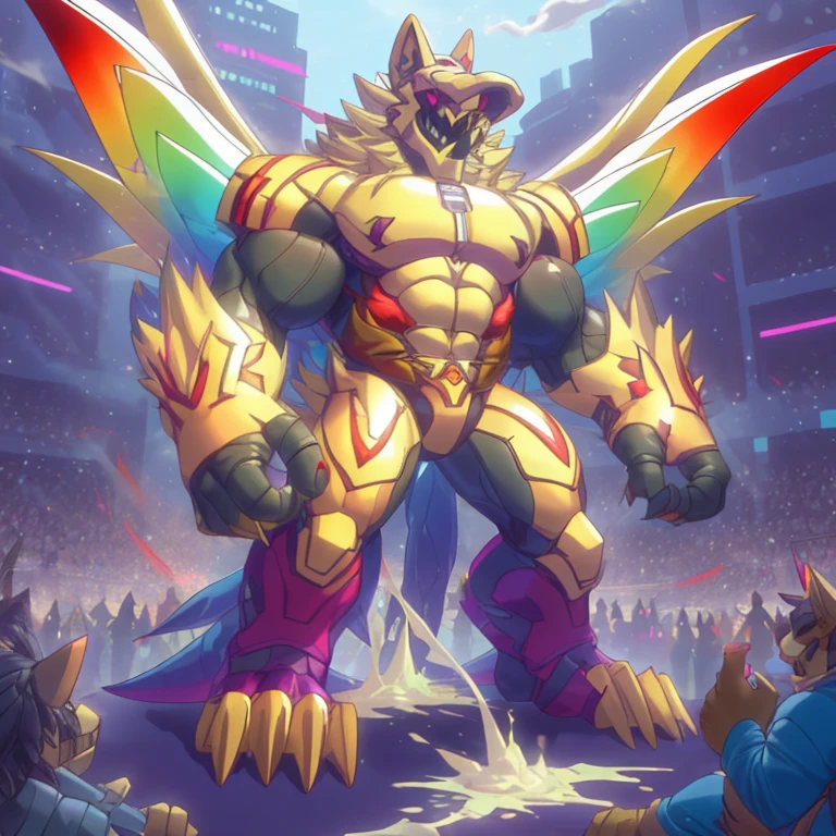 (masterpiece. official art. 8k. best quality. detailed full body. full body.)

(situation 1 : dominating The Phoenix Wolf. The Phoenix Wolf is over 1000 meters long. focus GIANT mechanical Muscular The Phoenix Wolf is trampling the car. Looking down.)

(situation 2 :smoke and flames rising from the destruction in the city)

(Additional details 1: Wearing golden Armor. Cape. Helmet. real texture material. whole body shines like metal. emphasizes the muscles. suit fully made of metal.Robotic suit).

(Additional details 1.5: The arms are golden. The lower half of the body is golden. The wolf-shaped helmet has sharp fangs. The whole body is golden. The chest area is also golden. There is a ring above the head.).

(Additional details 2: Detailed head. Detailed Body. Detailed abs. gigantic muscles. HYPER MUSCLES. Gigachad Muscular. big muscle. pecs. triceps. traps. unusually developed muscular body. body full of huge muscles. showing off muscles. pectorales enormes. Exaggeratedly huge muscles. huge muscles. long legs.).

(Additional details 3: Spread wings. It has wings. The claws are sharp. Sharp teeth.). He is laughing defiantly. The claws are sharp. Sharp teeth.). 

(Additional details 3.5 : nj5furry,  He is laughing defiantly. medieval armor.). 

(Additional details 4: golden dick, golden cock, golden hyper penis. hyper golden penis. big penis)

(Additional details 6 : Spraying hyper cum up everywhere into the sky from his erect penis. wide spray of cum, covered in cum, cum splashing in front of camera, crowd of naked muscular male spectators, bukkake, City is under a thick later of cum.)