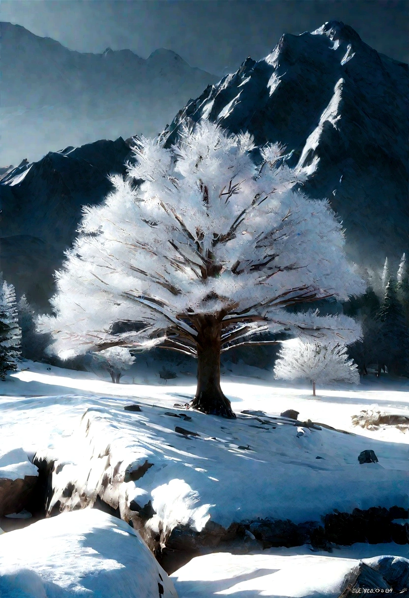 Snow Tree,Dew on the edges of leaves,Magic Moment,Photorealistic movie rendering, 3d rendering, Realistic CGI rendering, His name, winter, Anime style
