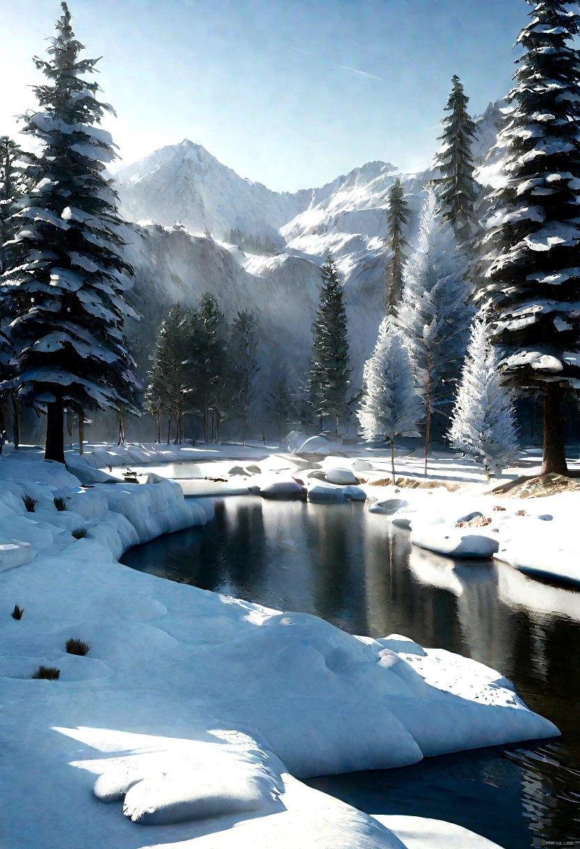 Snow Tree,Dew on the edges of leaves,Magic Moment,Photorealistic movie rendering, 3d rendering, Realistic CGI rendering, His name, winter, Anime style