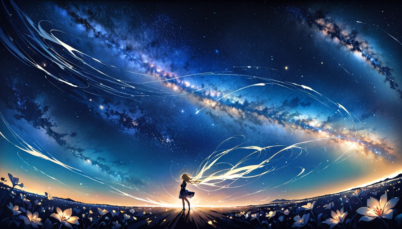 (highest quality、masterpiece)、One girl、Full Body Shot、Pause、particle、Wind、flower、blonde、Milky Way、5mStanding ahead、