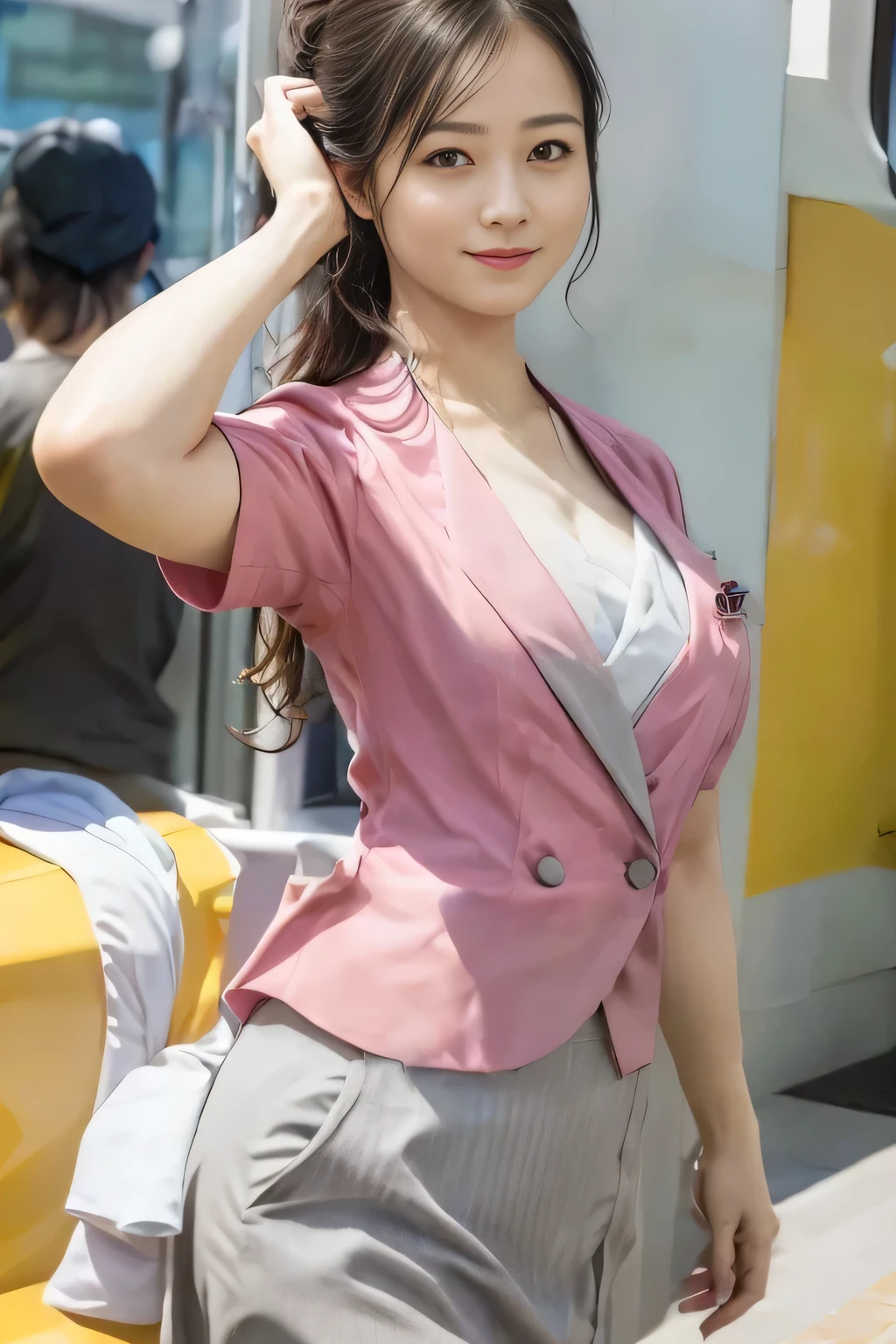 (masterpiece:1.2, Highest quality:1.2), 32k HDR, High resolution, (alone、1 girl)、 (Height: 160cm)、(On the rooftop of a building in the daytime、Professional Lighting)、Building rooftop background、(Nankai train crew uniform pinkを着たリアルスタイル)、(Nankai train crew uniform pink short sleeve collarless pink jacket、Nankai Train Crew Uniform Pink Collarless Short Sleeve Blouse、Nankai Train Crew Uniform Pink Grey Knee-length Culottes)、(The pink jacket is showing from the culottes.)、Dark brown hair、(Hair tied up、Hair tied up、Evening curly hairstyle)、Dark brown hair、Long Shot、Big Breasts、Thin legs、((Great hands:2.0)),((Harmonious body proportions:1.5)),((Normal limbs:2.0)),((Normal finger:2.0)),((Delicate eyes:2.0)),((Normal eyes:2.0)))、smile、(Nankai Train Crew Uniform Pink Grey Knee-length Culottesを見せた美しい歩く姿)、Place your hands around your stomach、Lanyard employee ID card