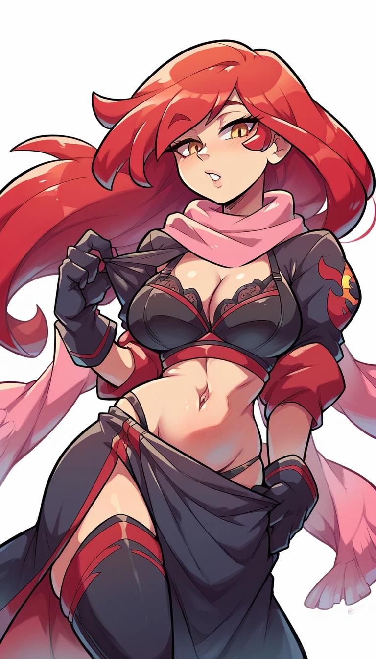 a girl princess tall sexy pretty beautiful attractive long red hair raid her yellow eye shine pink scarf wide neck dresses beautiful black bra shape flames red shows navel curve wide sexy and a black thong thighs sensual wears black boot big long military black gloves