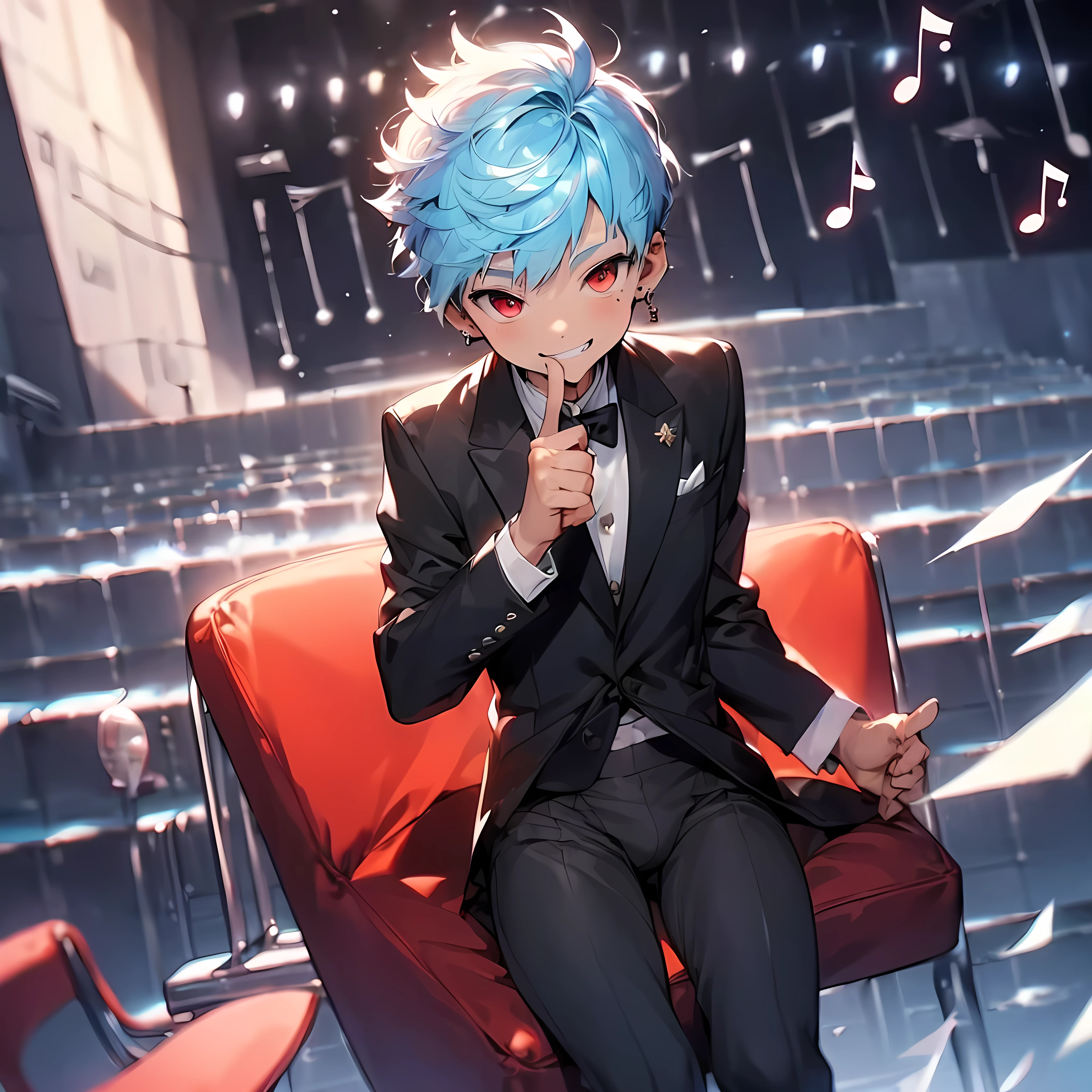 (solo:2.5), (boldline:-1.7), (put index finger on mouth:1.5), (floating musical notes:1.7), (sitting on red chair:1.5), (((fang))), (((best finger))), BREAK (best quality:1.5), (absolutely resolution:1.5), (ultra detailed:1.5), (masterpiece:1.5), (perfect face), (detailed face), (detailed eyes:1.3), (best eyes), (cute face), (shota:2), BREAK (tuxedo:1.5), (bulge:1.6), (skinny:1.3), BREAK (light blue hair:1.5), (spiked hair), (wine red eyes:1.4), (eyes with highlight:1.6), ((mole under eye)), (sweaty skin), (grin:1.5), ((earrings)), (shiny skin:1.3), BREAK (concert hall:1.5), (spot light:1.3), (at concert), (many people), ((wind blowing)), frow below, close up,