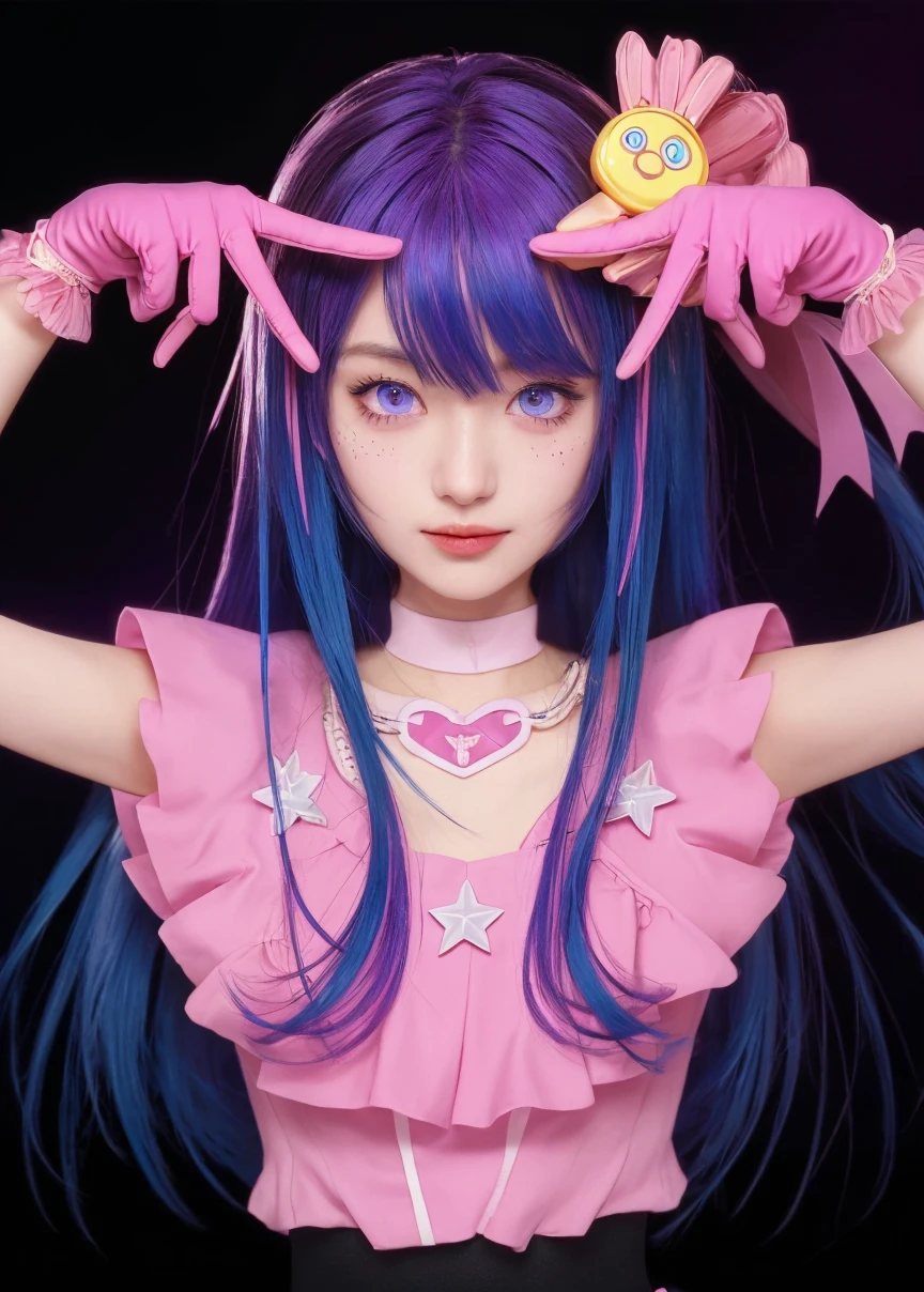 Fun cartoon character with long purple hair and purple eyes short character pink and purple and white bows outfit.