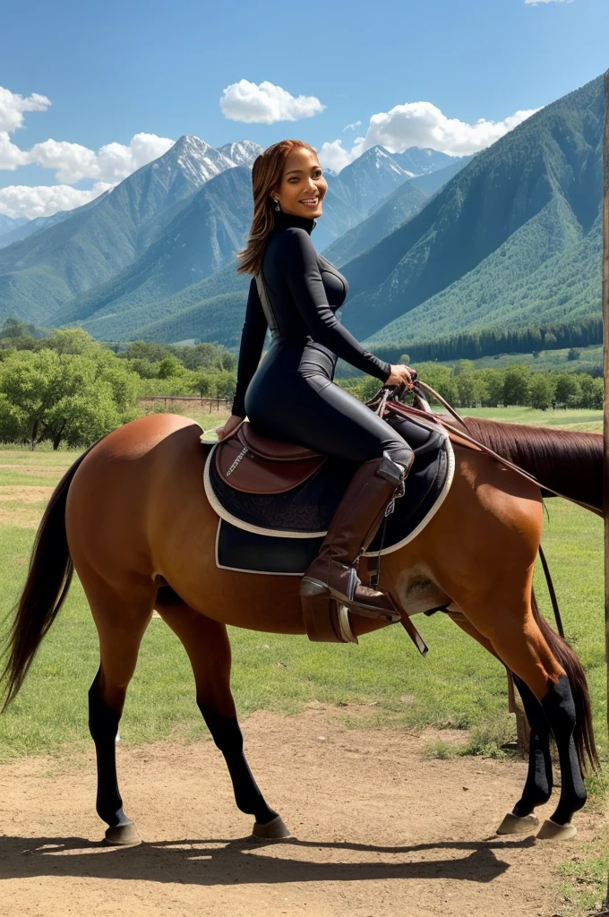 Jennifer Lopez is beautiful, smiling happily, wearing sexy riding clothes, riding a horse, a farm, mountains in the distance
