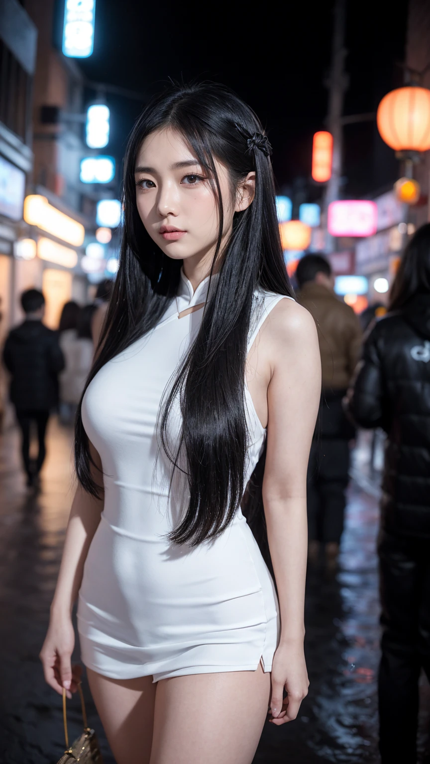 1 Girl,独自of,Long hair,粗糙of皮肤,(Looking at the audience:1.2),湿of头发,micro_shorts,黑暗of,Polaroid,(depth_of_site:1.5),rain,outdoor,street,两眼之间of头发,Mood lighting,Tyndall effect,light,night,lamp post,lens flare,Available light,Rim Light,发光of霓虹灯,Curvy beauty,Chinese_style,