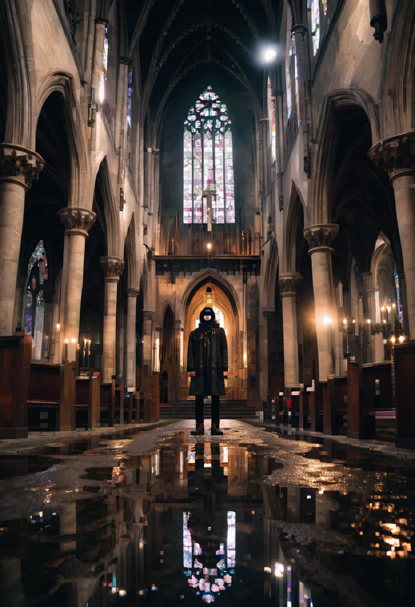 fisheye lens, streetwear man standing inside a gothic church, wet stone, puddles, infinite vaults, bloodborne, dramatic light, low key, candle light