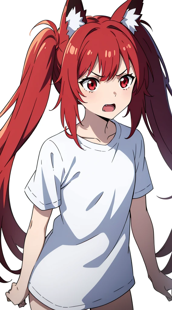 (1girl ,,small),angry expression,white shirt,long sleeveswhite shorts, Hatsune Miku,red eyes,medium hair,messy hair,fox ears,(white background,open mouth