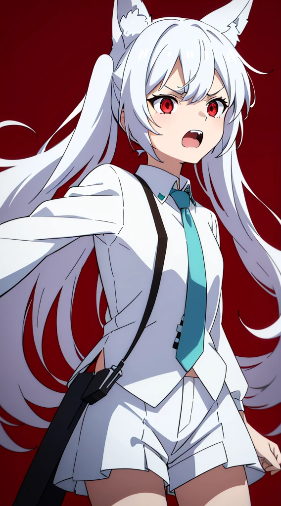 (1girl ,8 years old,small),angry expression,white shirt,long sleeveswhite shorts, Hatsune Miku,red eyes,medium hair,messy hair,fox ears,(white background,open mouth