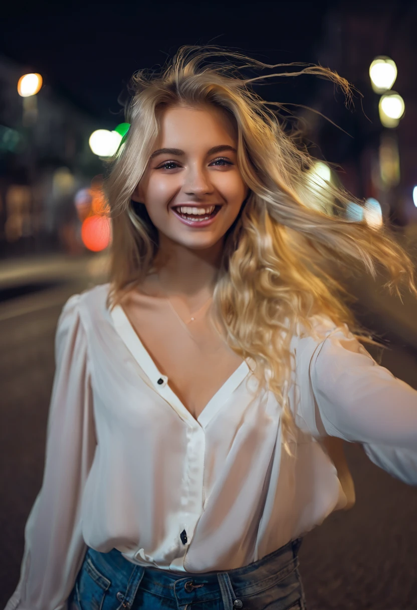 Cute blonde girl 19 years old, (((taking a selfie))), on the street, night, smiling, sexy hairstyle, sexy little blouse, (((hair in the face in the wind)))
