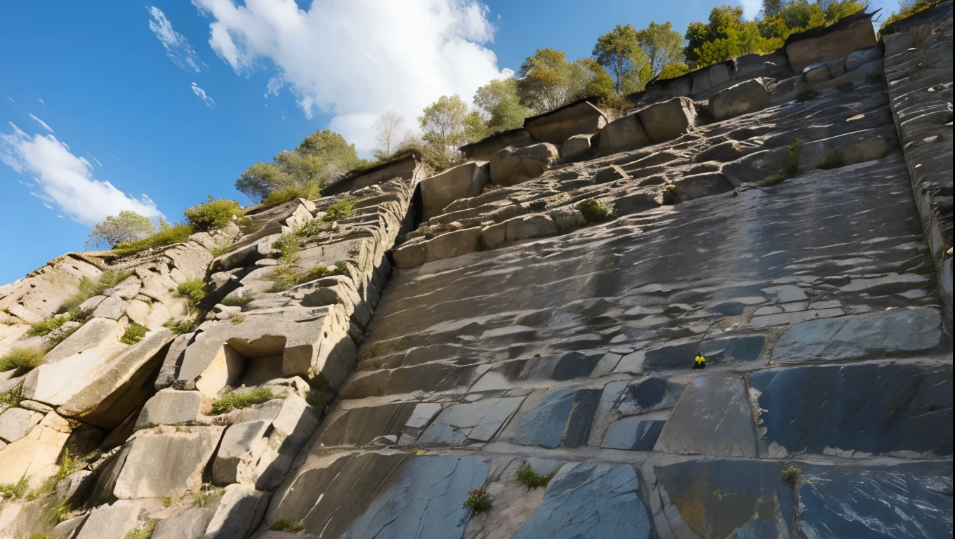 Natural Climbing wall. Utha. Vertical rockwall in a desser valley with trees and stones.. landscape. Blue sky with clouds, High contrsst. Vivd colors.