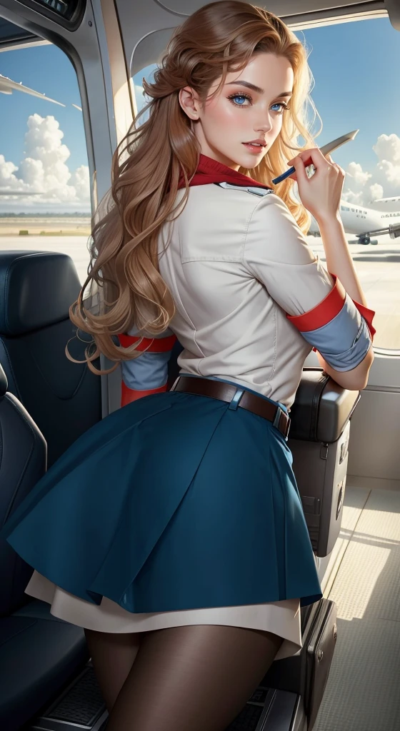 Detailed woman face looking at camera,Airline stewardess,Airline stewardess,Blue skirt,(Wear a scarf:1.3),uniform,Brown curly hair,Bangs, blue eyes, Hot red lips, Sexy open mouth, Correction of deformed fingers, Reality, Sharp eyes, (((Eyes looking at camera))) Smile
