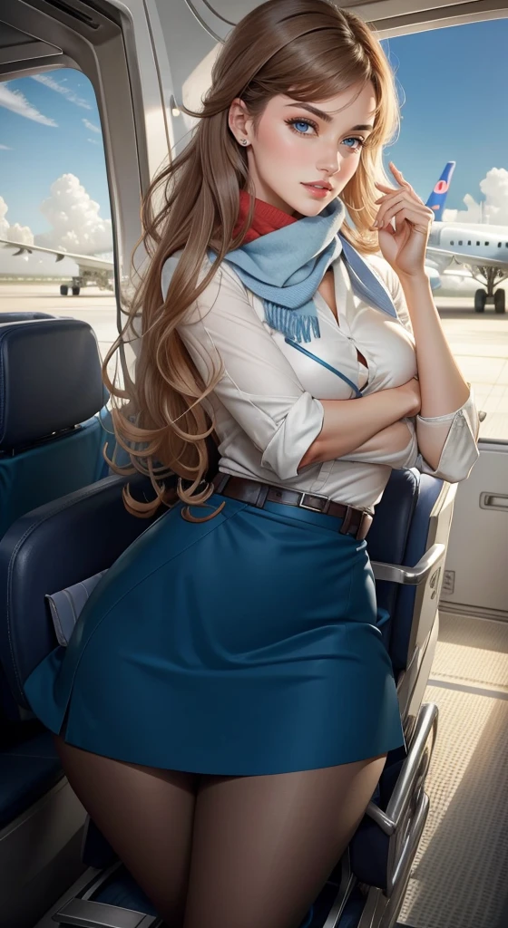 Detailed woman face looking at camera,Airline stewardess,Airline stewardess,Blue skirt,(Wear a scarf:1.3),uniform,Brown curly hair,Bangs, blue eyes, Hot red lips, Sexy open mouth, Correction of deformed fingers, Reality, Sharp eyes, (((Eyes looking at camera))) Smile